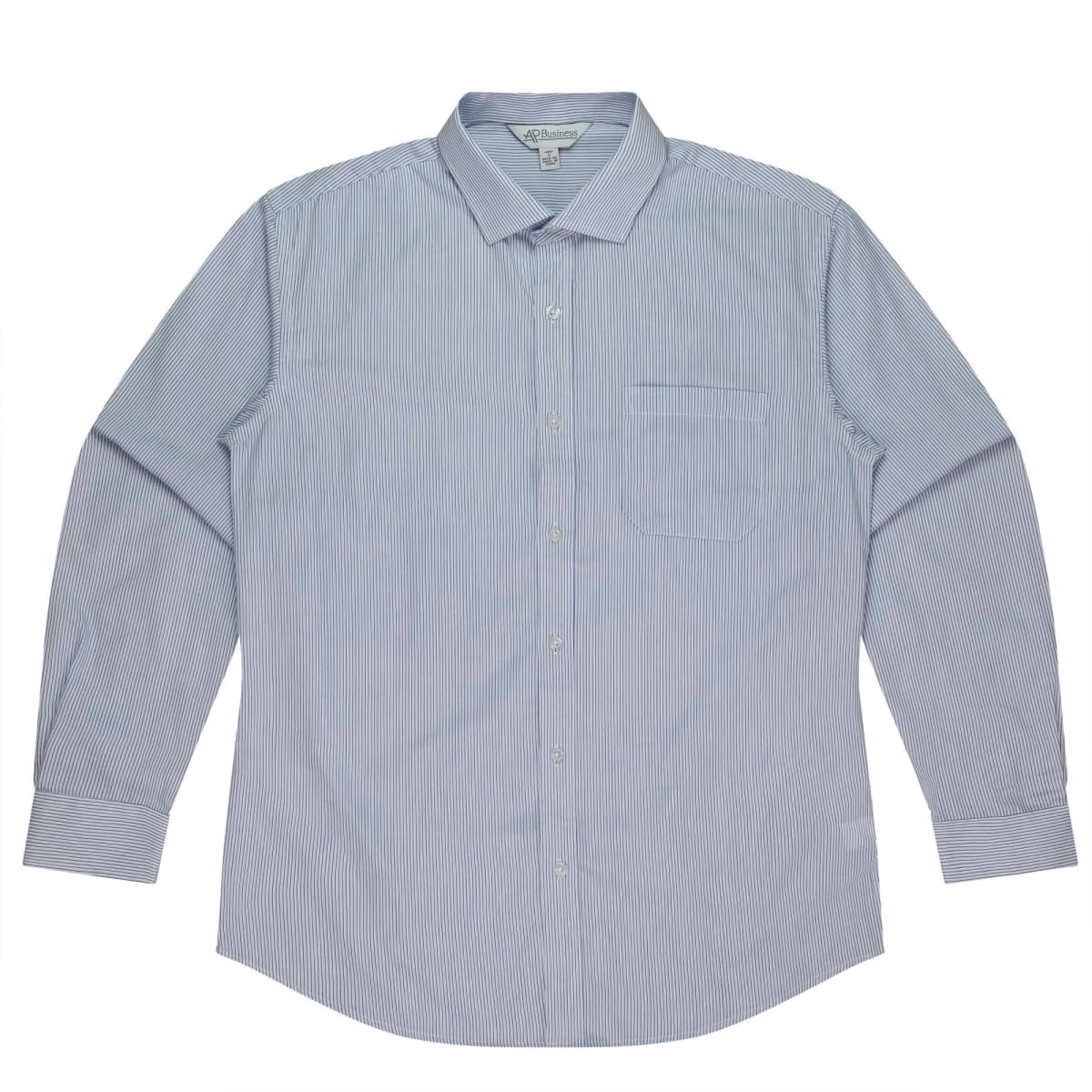 A long sleeve button-up shirt in blue and white vertical stripes, featuring a chest pocket and a logo.