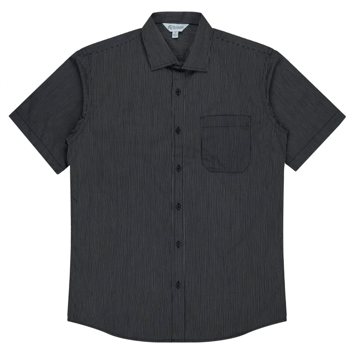 Short sleeve button-up shirt in black with a subtle striped pattern and a chest pocket. Features a logo.