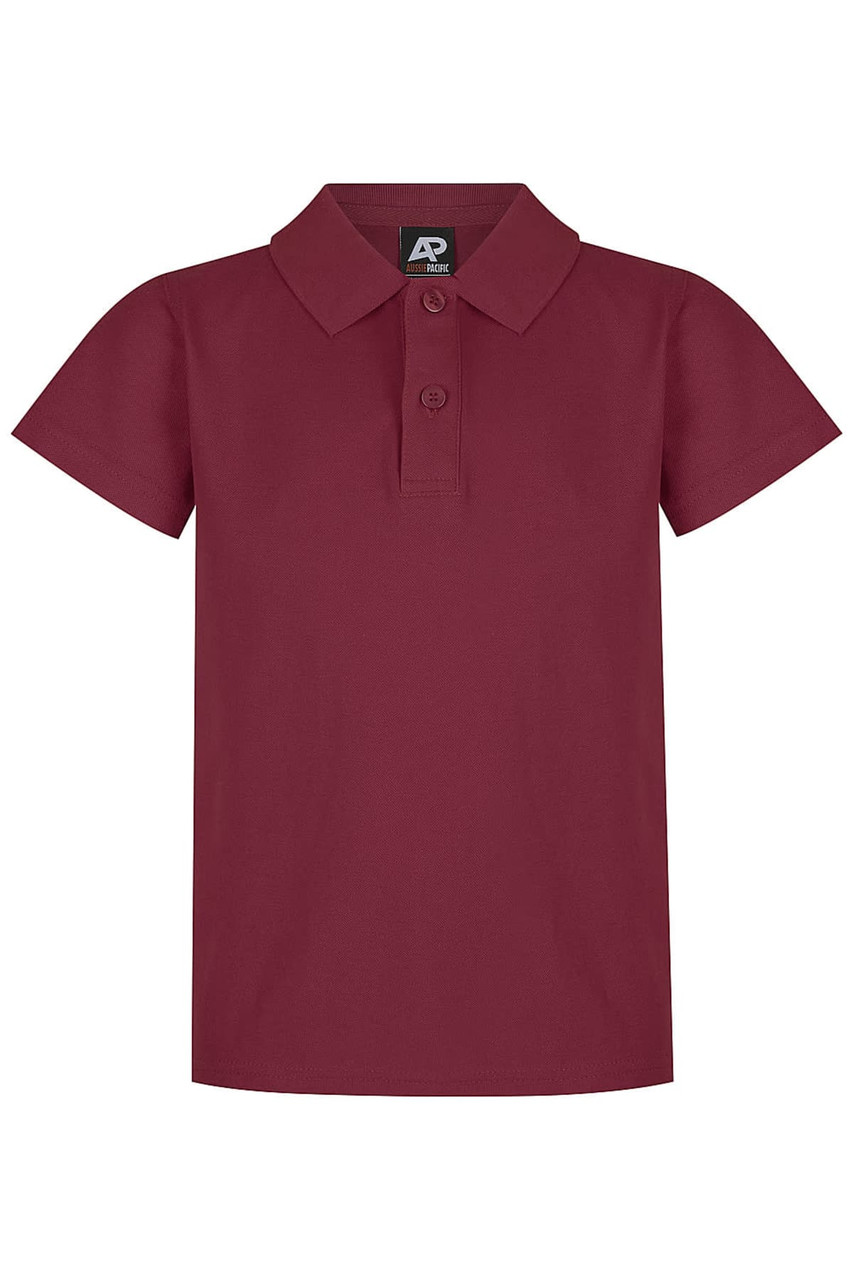 A maroon polo shirt with a collar and short sleeves, featuring a logo on the label.
