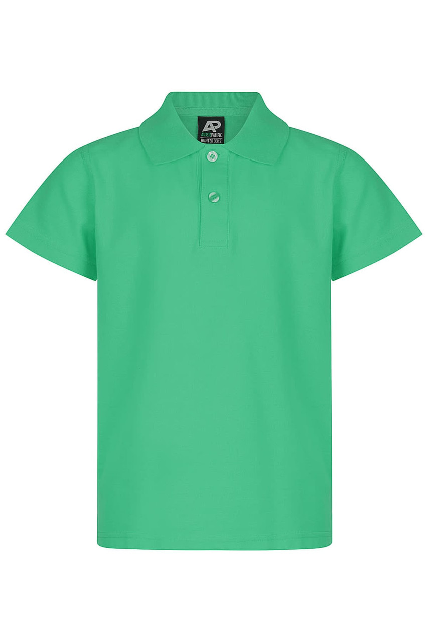 A green polo shirt for kids featuring a collar and a button placket, with a brand logo at the neckline.