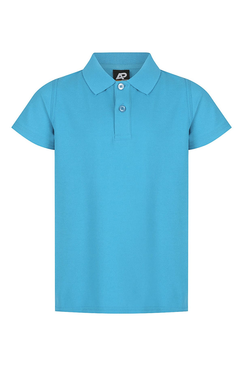 A light blue polo shirt with a collar and a logo on the label. It has short sleeves and a button front.