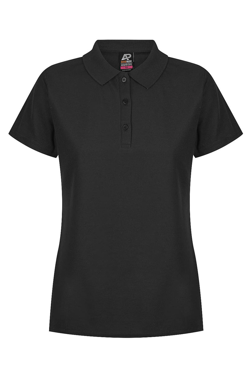 A black polo shirt featuring a three-button placket and a logo on the collar.