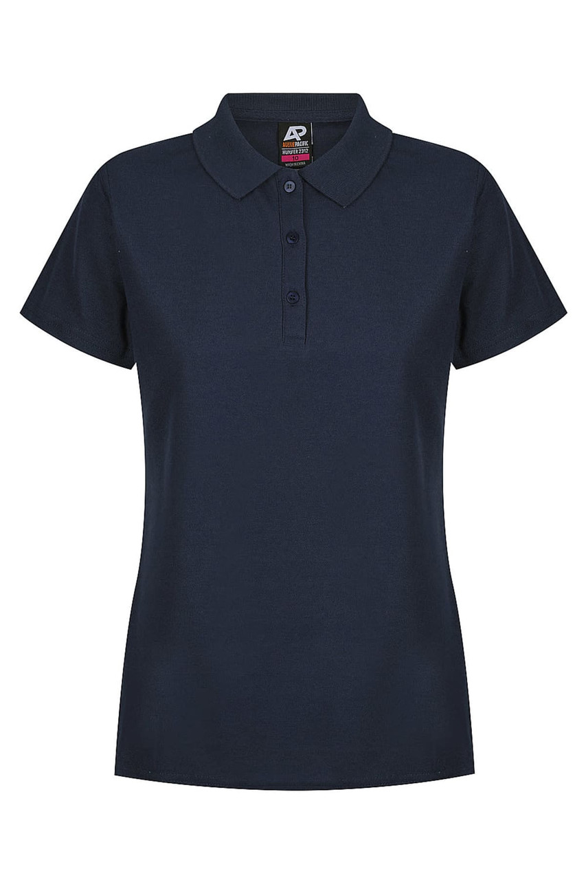 A navy polo shirt with a classic collar and short sleeves, featuring a logo on the tag.