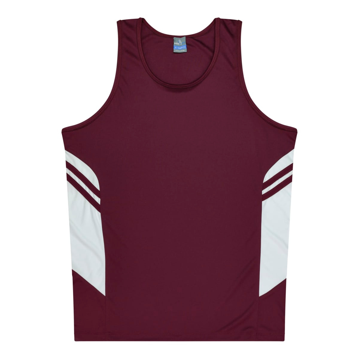 A maroon singlet featuring white side panels and a logo, suitable for kids.