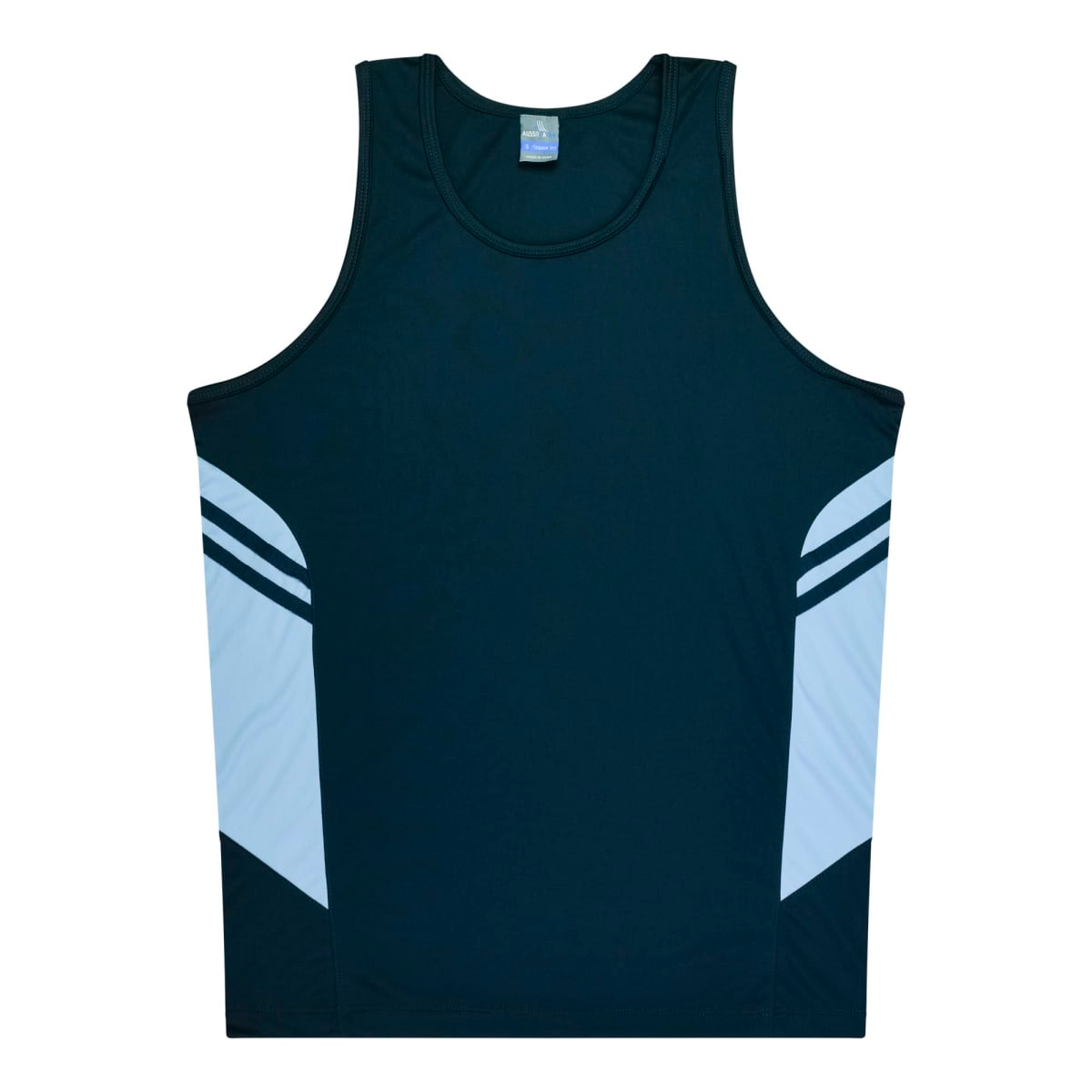 A dark green singlet featuring light blue panels on the sides. The garment has a logo on the upper area.