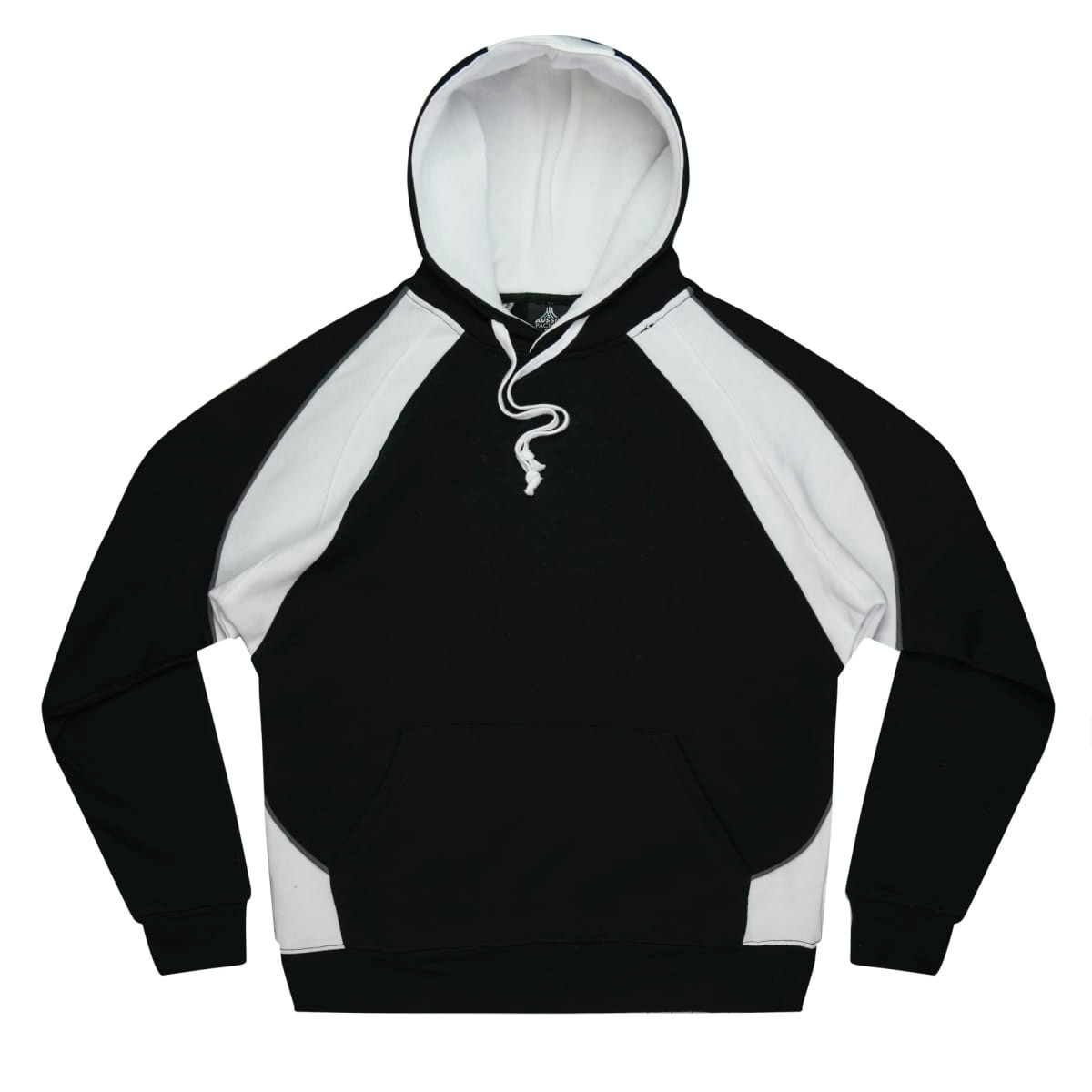 A black and white hooded sweatshirt with a front pouch pocket and drawstring. It features a logo on the design.