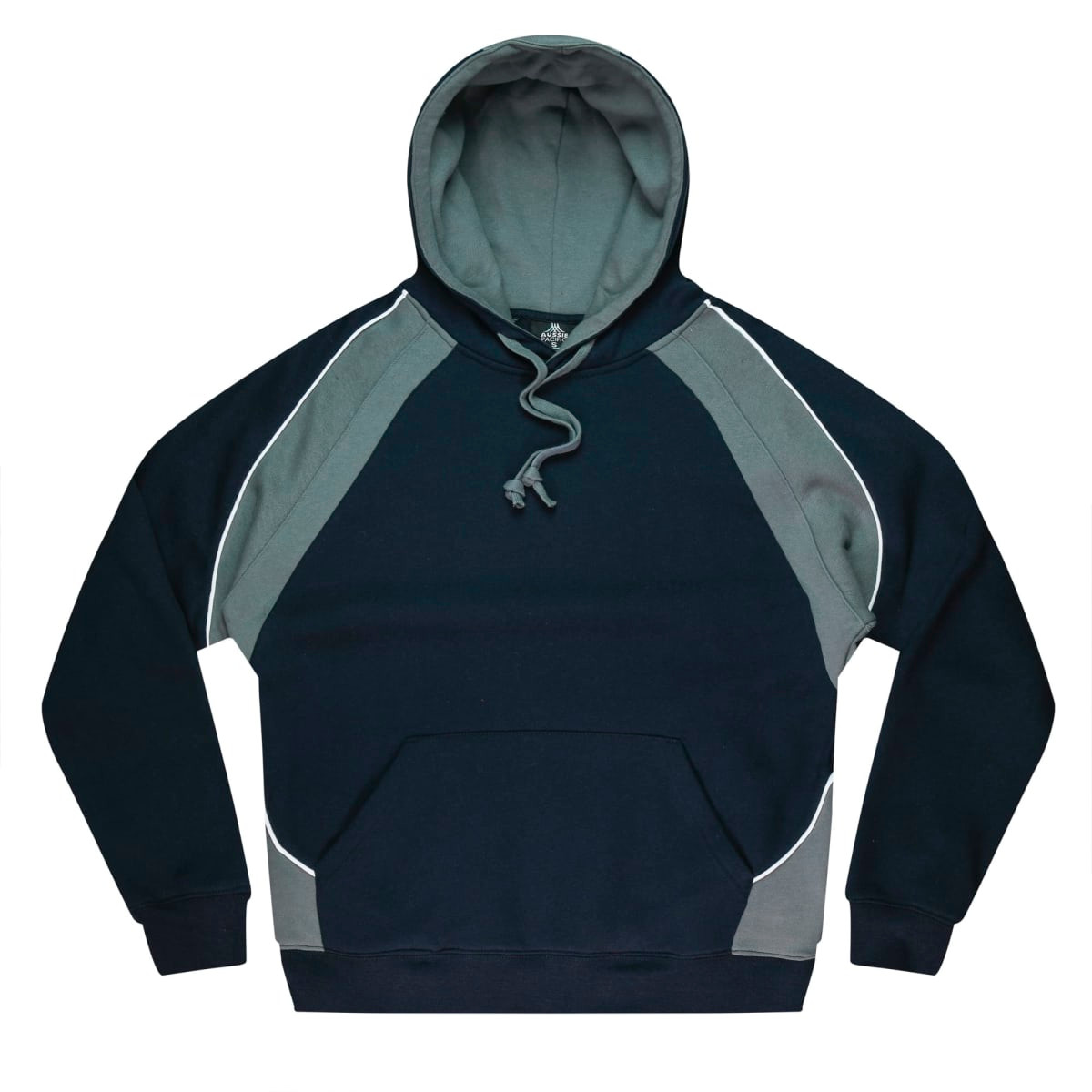 A hooded jumper featuring a dark navy body with grey panels and a front pocket. The hoodie has a logo.
