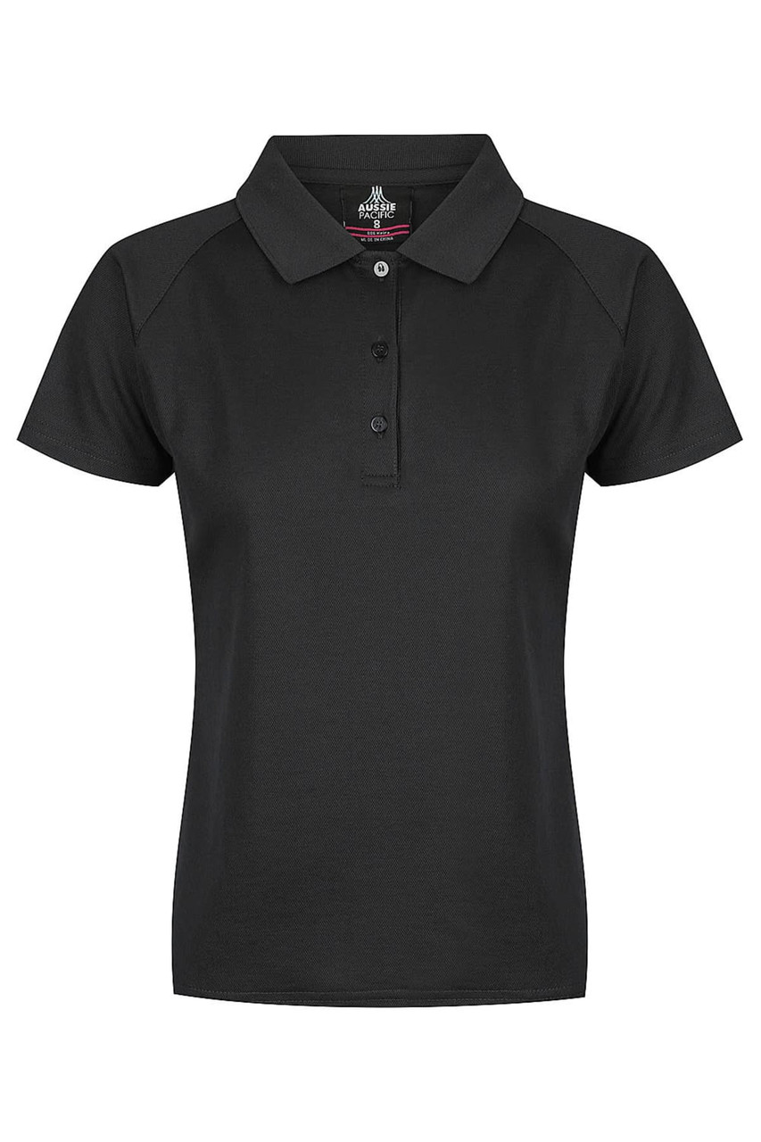 A black polo shirt with a collar and three buttons, featuring a logo on the front.