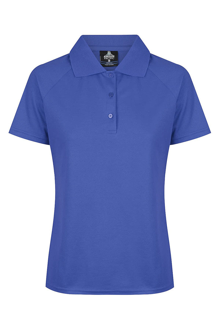 A blue polo shirt with a collar and buttons, featuring a logo on the upper portion.