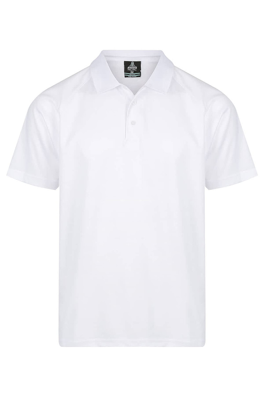 A white men's polo shirt featuring a collar and short sleeves, with a logo on the label.