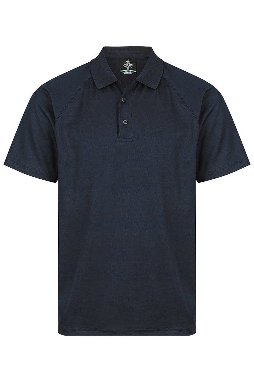 A navy blue polo shirt with a collar and buttons, featuring a logo on the front.
