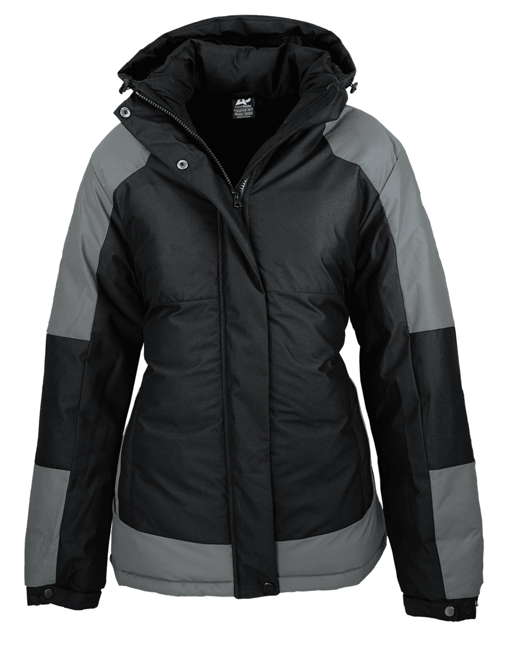 A black and grey jacket with a hood and a zip front, featuring a logo on the chest.
