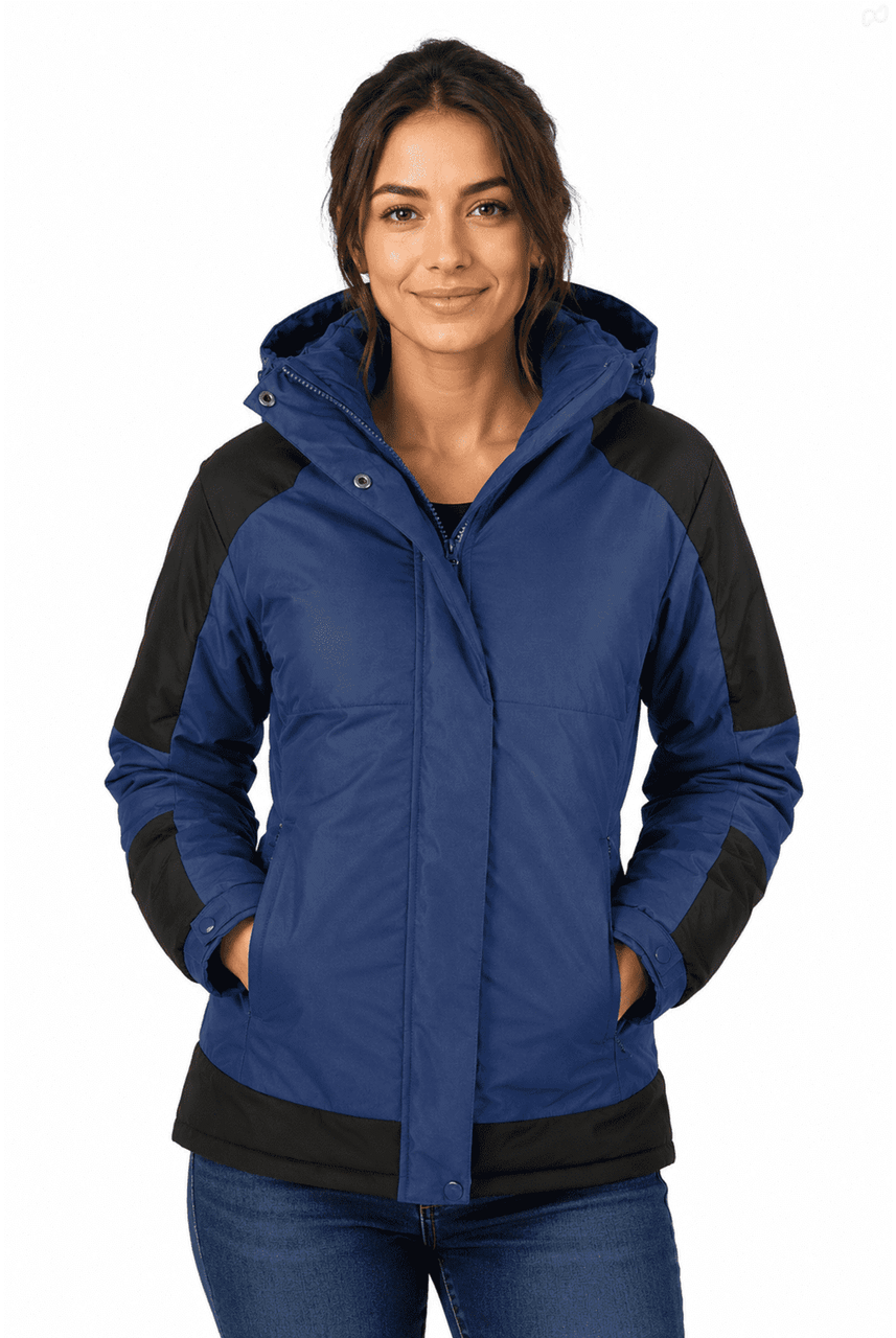 A navy and black women's jacket with a hood, featuring a logo and side pockets.