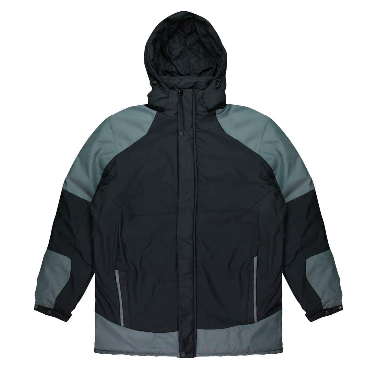 A black and grey men’s jacket with a hood and zippered pockets. It features a logo on the front.