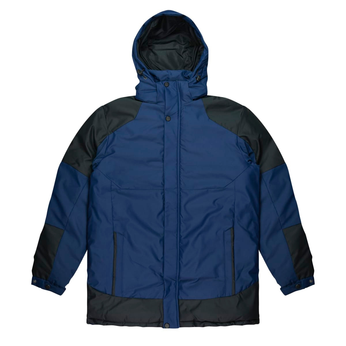 A navy blue and black men's jacket with a hood, featuring a zip and button closure. It has a logo on it.