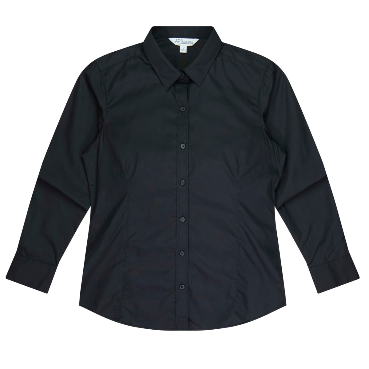 A long sleeve button-up shirt in black, featuring a collar and a front button placket.
