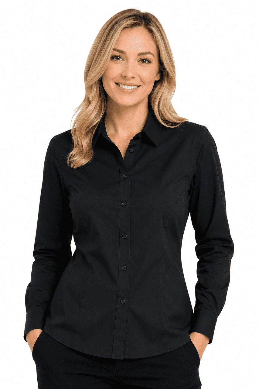 A black long sleeve button-up shirt for women, featuring a classic collar and a logo on the upper left.
