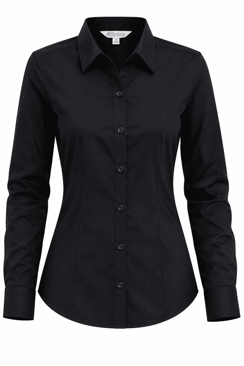 A long sleeve black button-up shirt with a fitted design and a collar. Features a logo on the brand label.