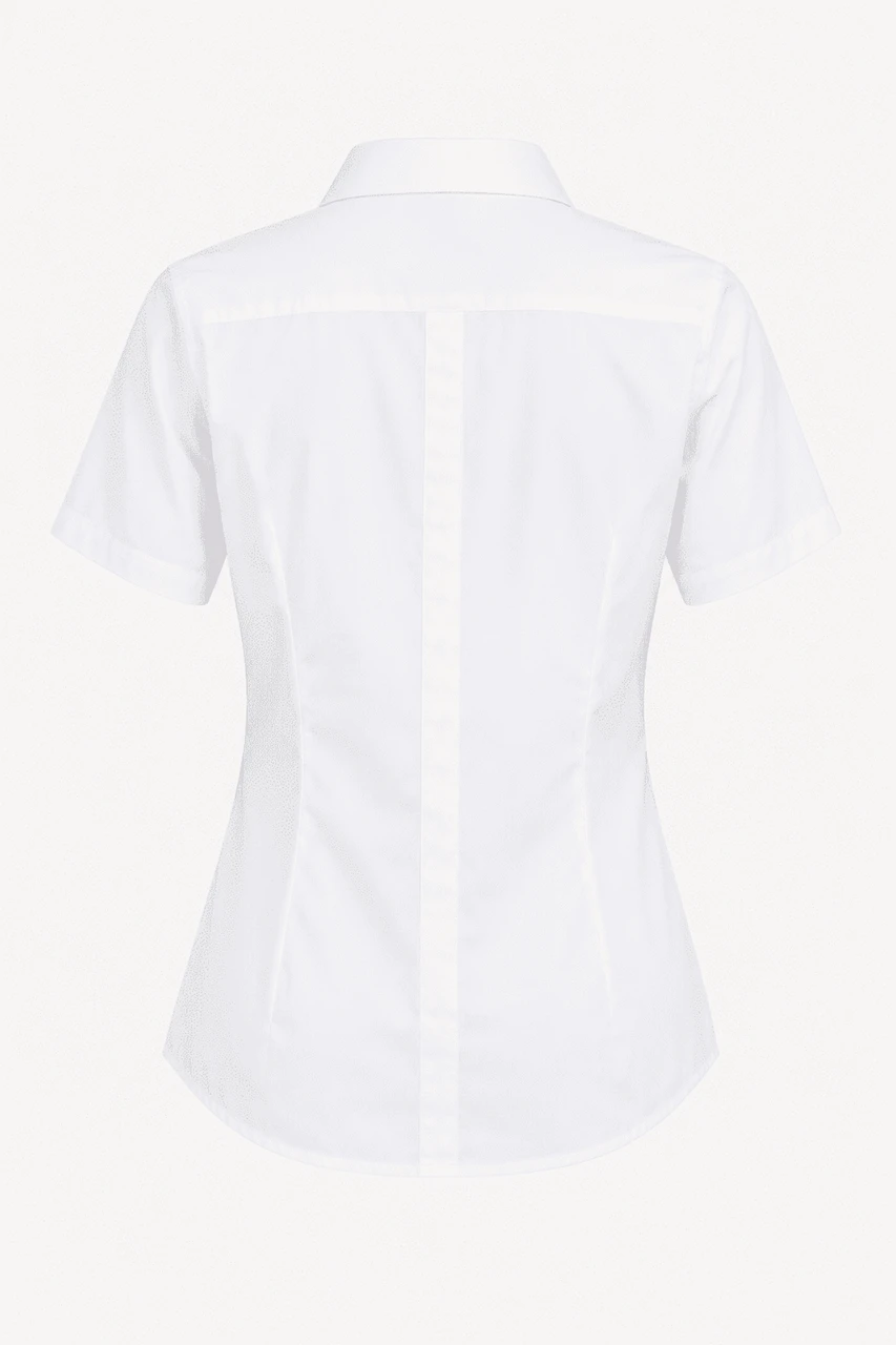 A short-sleeve white button-up shirt with a fitted design and a back seam, featuring a logo.