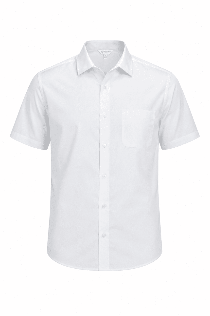 A short-sleeve white button-up shirt with a pocket and a logo.