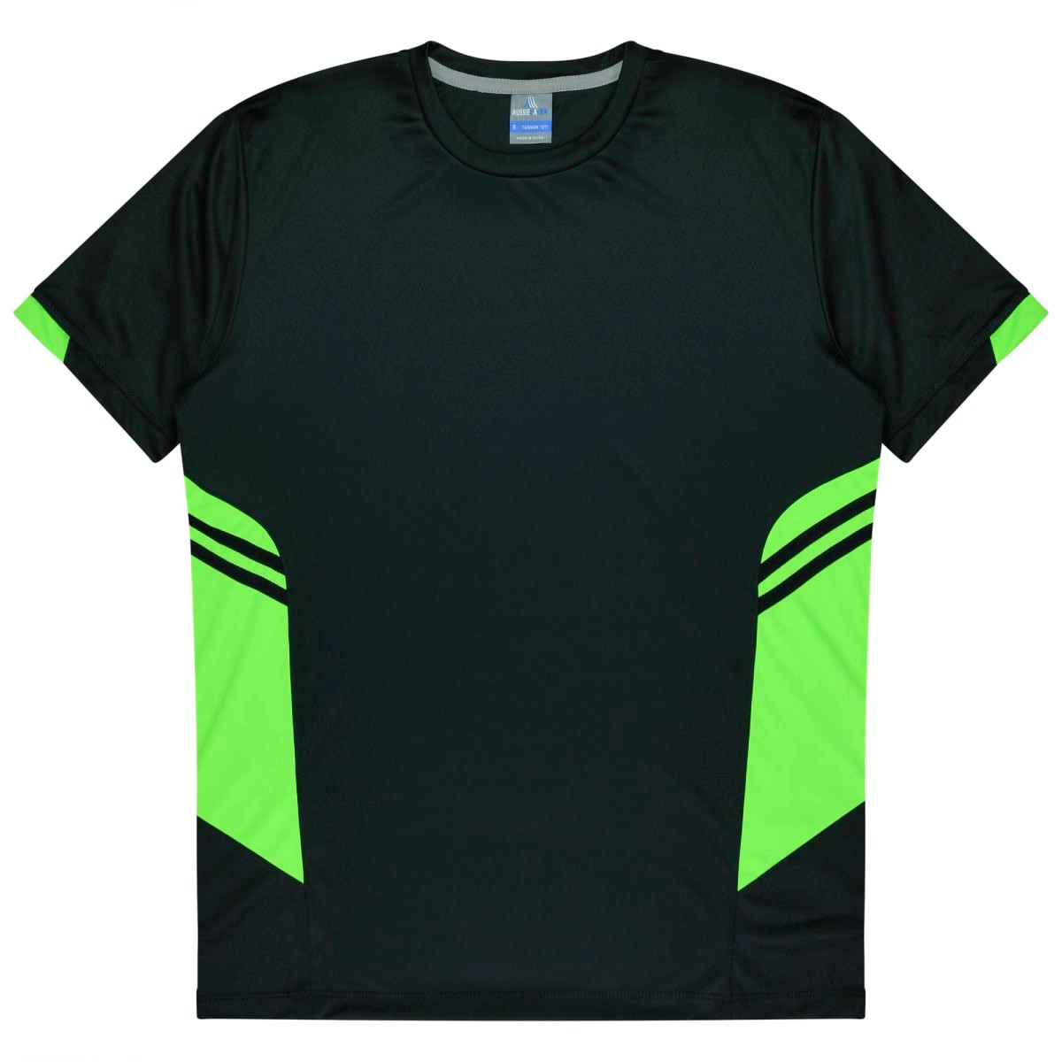 A black T-shirt with bright green side panels and a logo on the chest. Suitable for kids.