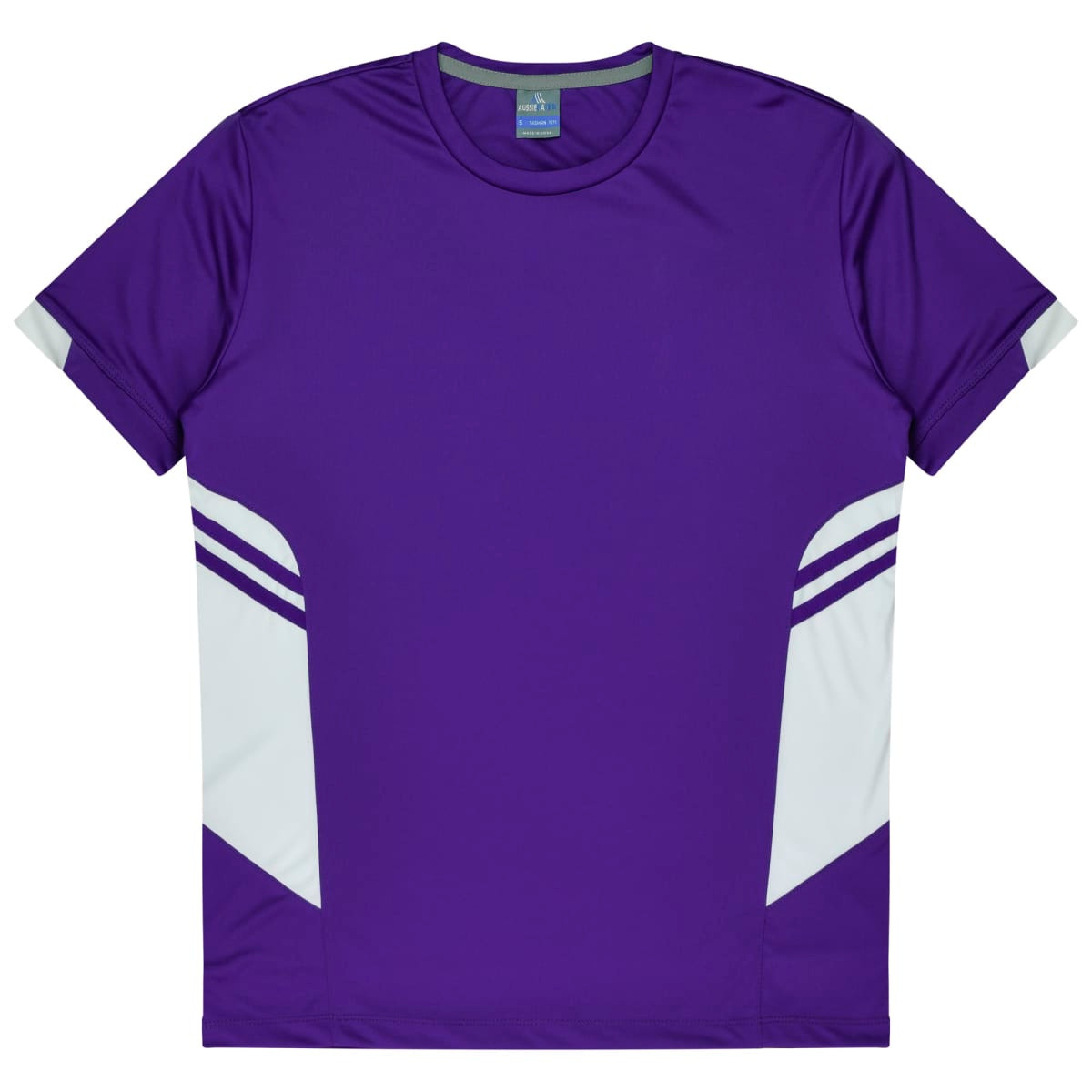 A purple T-shirt with white accent details and a logo on the collar, designed for kids.