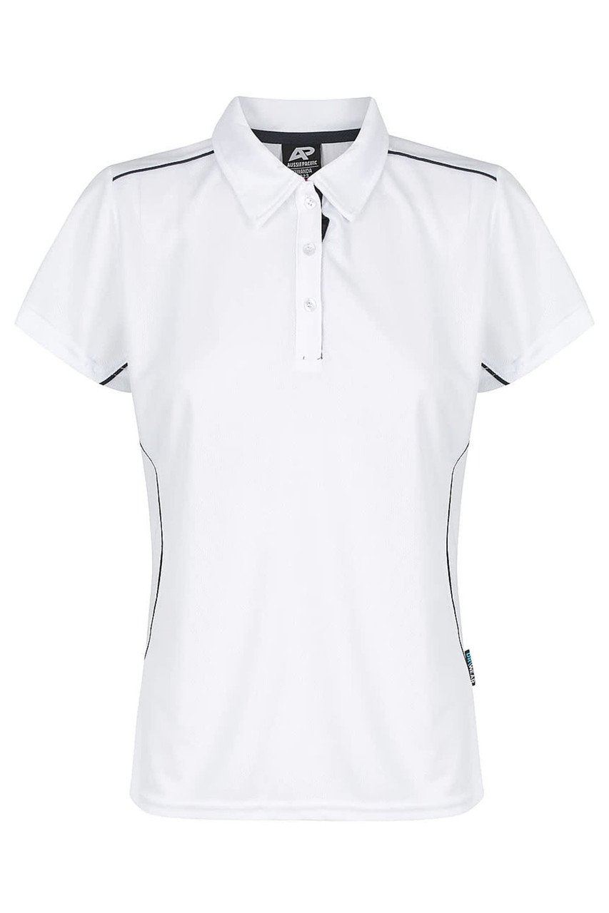 A white polo shirt with a collar, featuring contrasting black side seams and a logo on the chest.