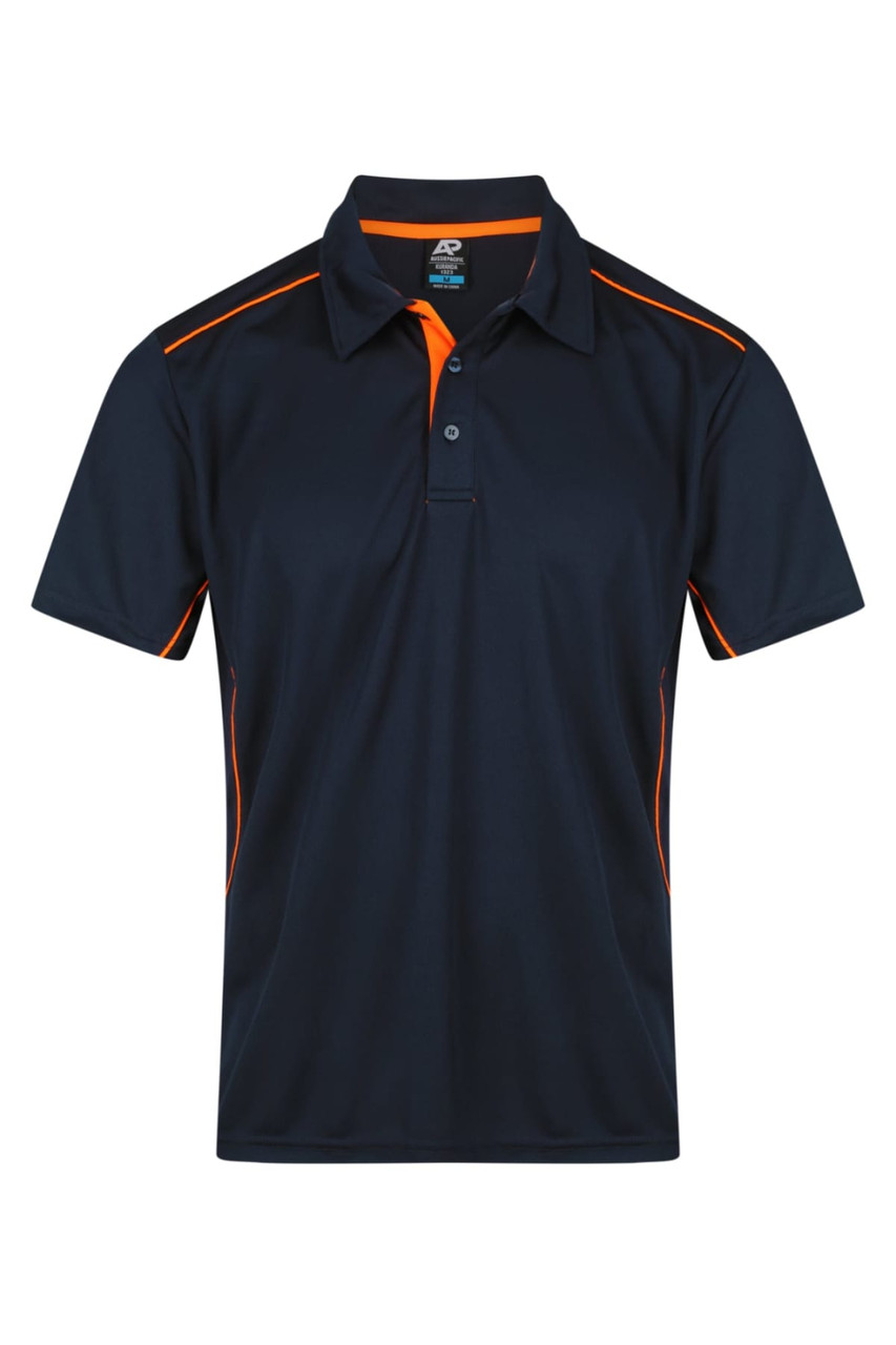 A navy blue polo shirt featuring orange accents and a collar. The shirt has a logo on it.