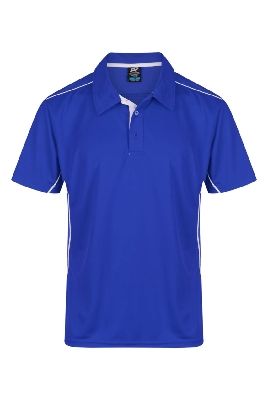 A blue polo shirt with white accents and a collar, featuring a logo on the upper left side.
