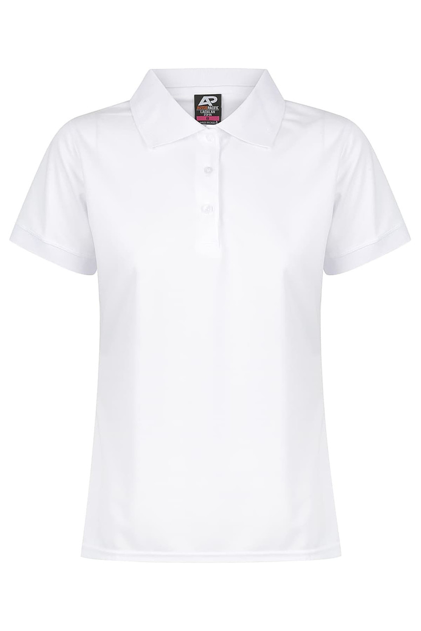 A white polo shirt with a collared neckline and short sleeves, featuring a logo on the label.