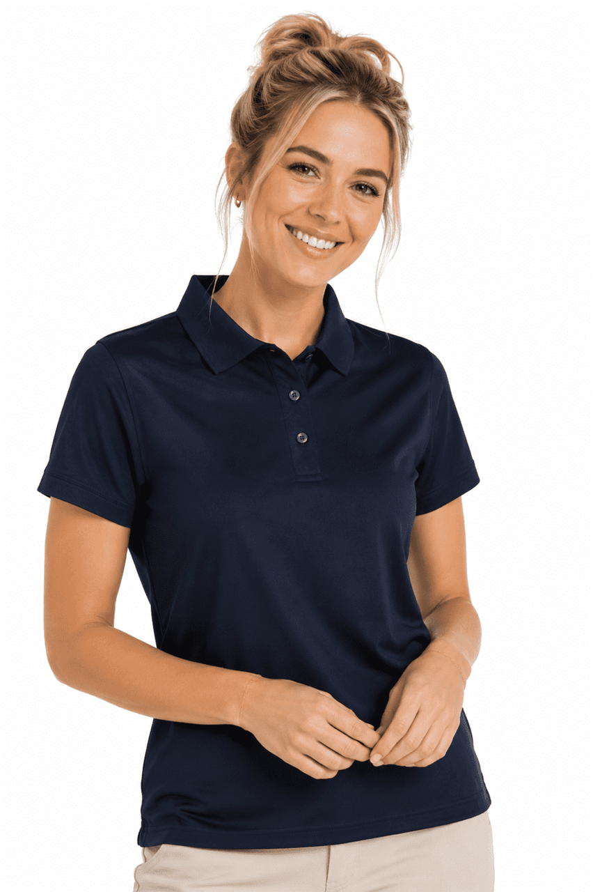 A navy polo shirt for women, featuring a collar and three buttons, with a logo on the chest.