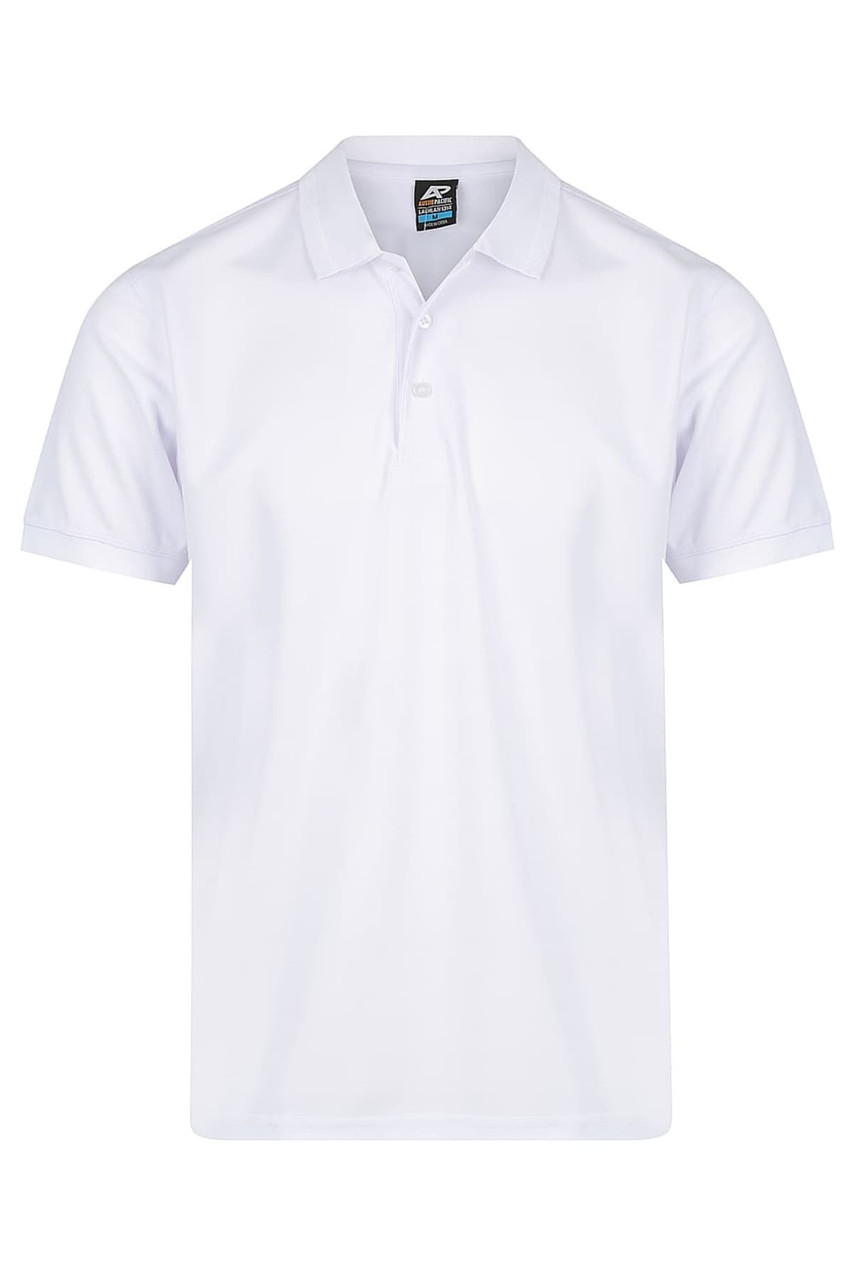 A white polo shirt featuring a collar and short sleeves, with a small logo on the chest area.