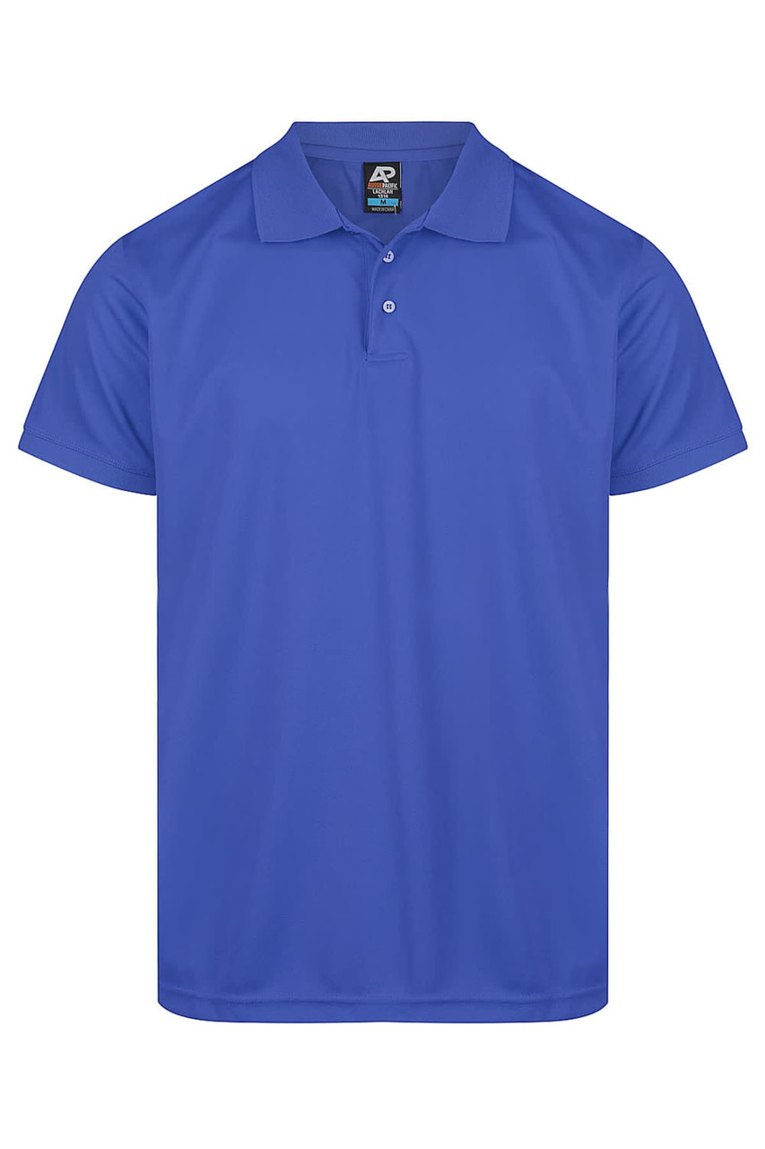 A blue polo shirt with a collar and three buttons, featuring a logo on the label.