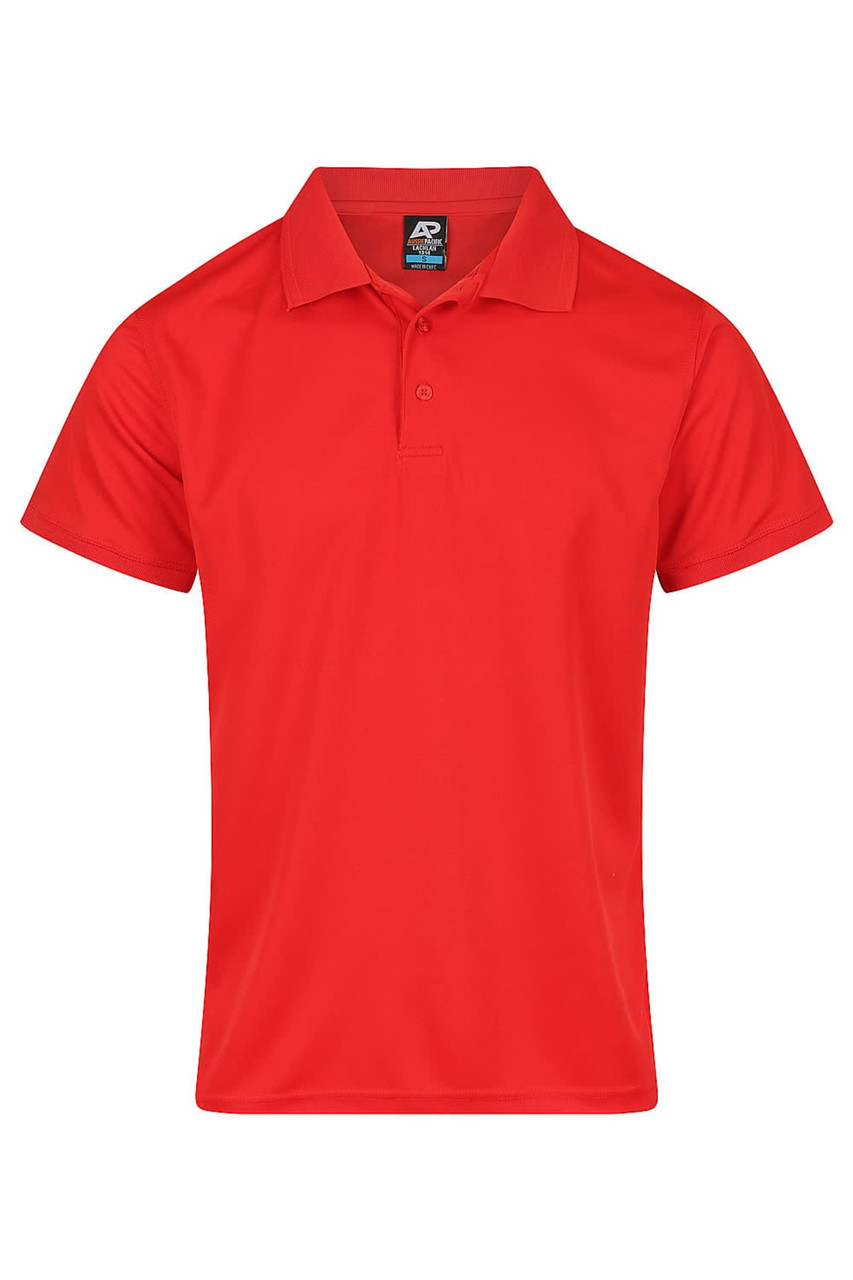 A red polo shirt with a classic collar and short sleeves. Features a logo on the label.