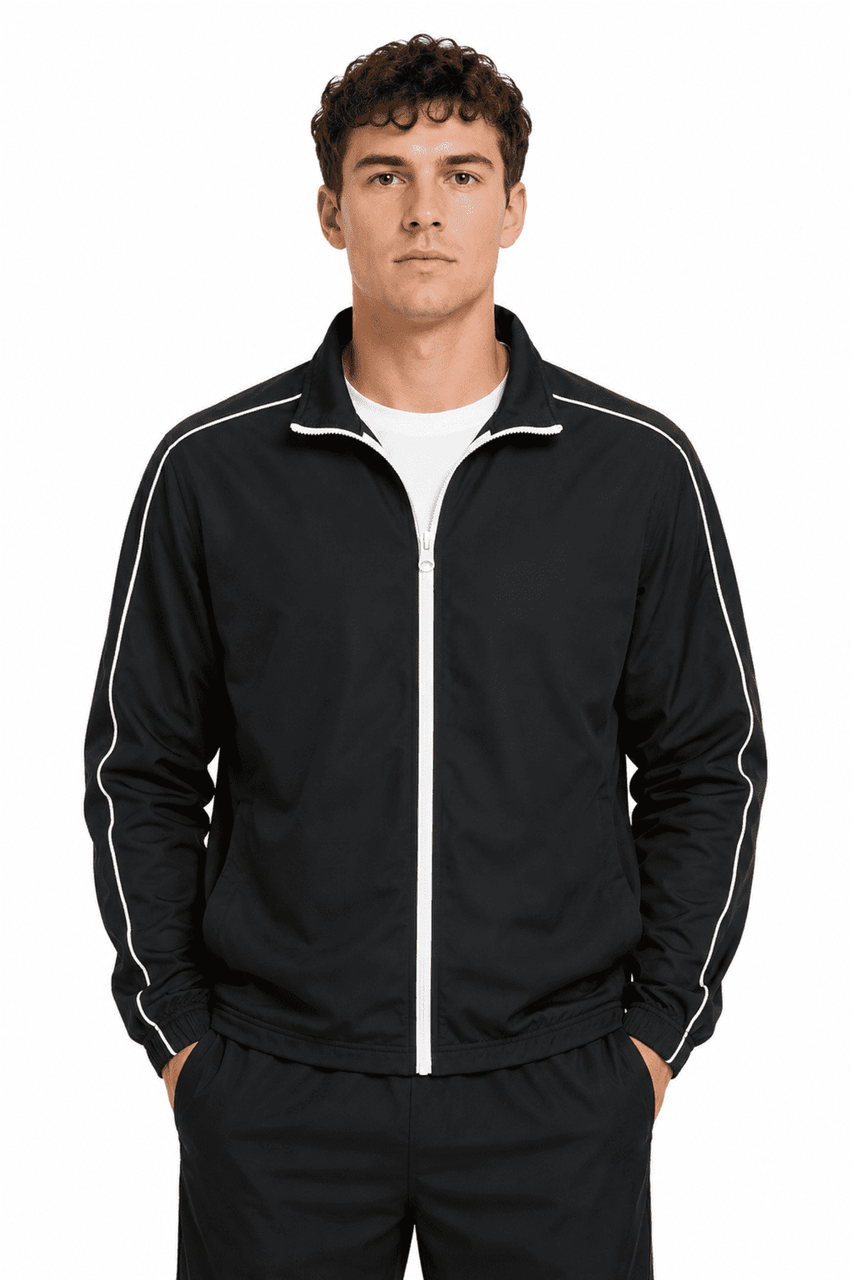 A black men's jacket with white stripes, featuring a zip front and a casual fit, with a logo present.