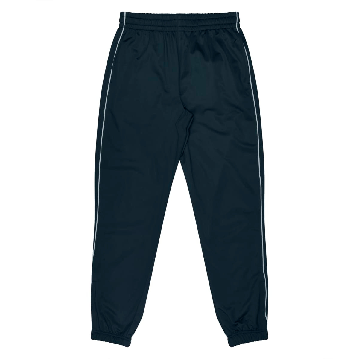 Dark blue kids' pants with side stripes and an elastic waistband, featuring branding.