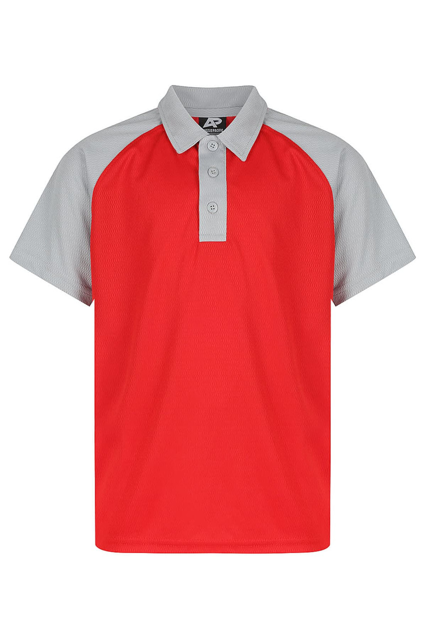 A red and grey polo shirt with a collar and three buttons, featuring a logo on the chest.