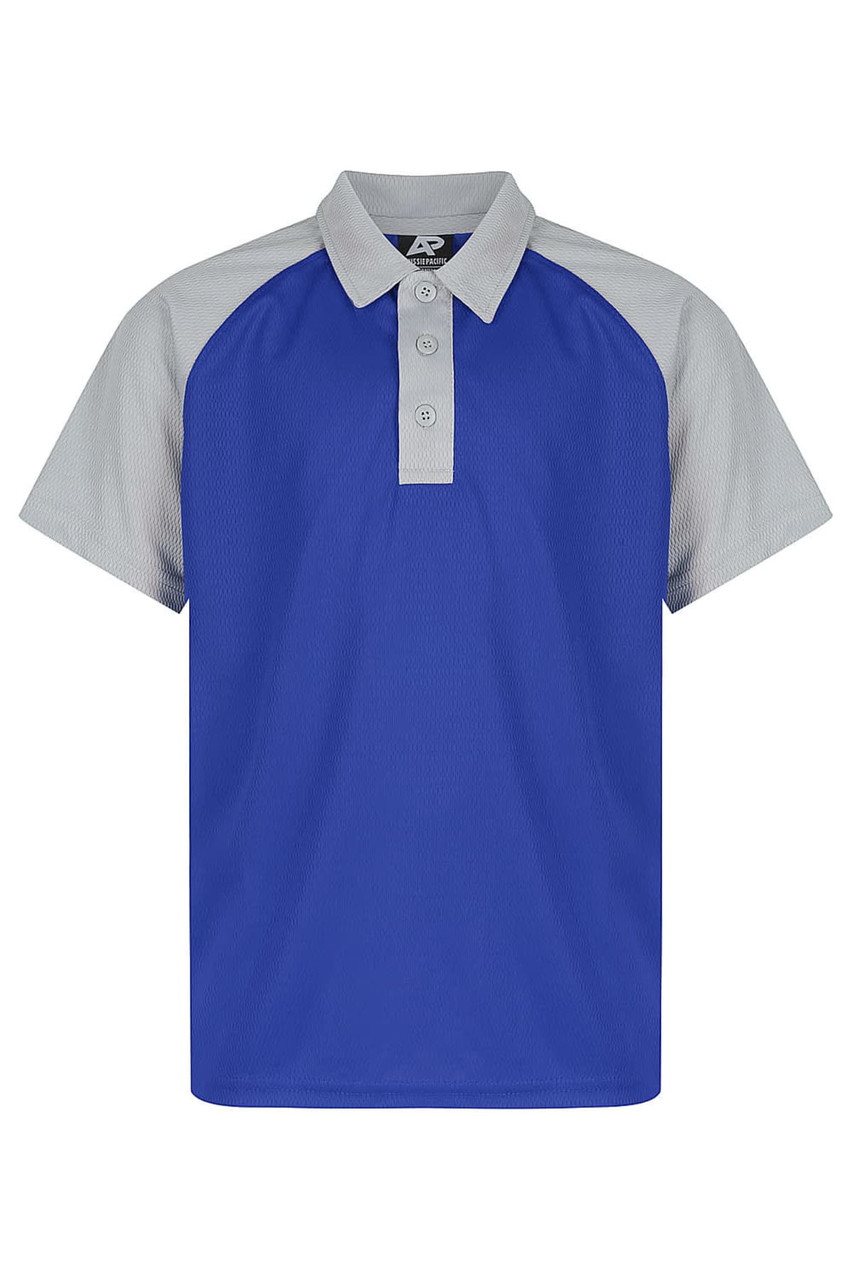 A blue polo shirt with grey sleeves and a collar. Features buttons and has a logo.