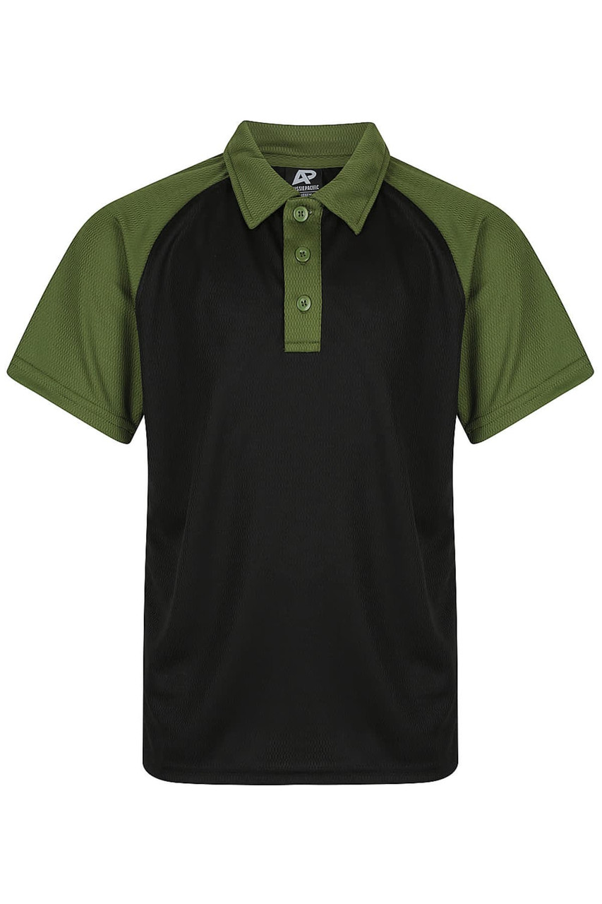 A polo shirt featuring a black body with green raglan sleeves and a buttoned collar. It has a logo on the chest.