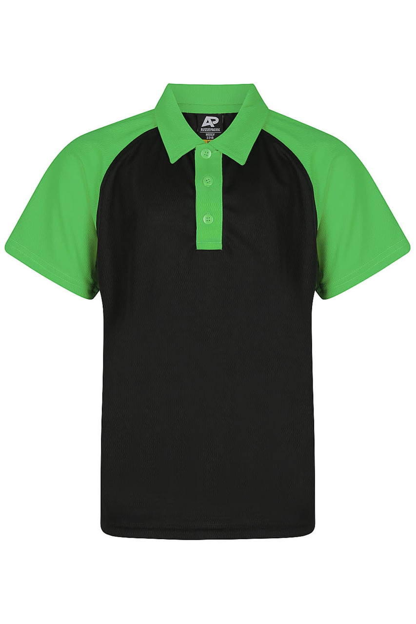 A polo shirt with a black body and green sleeves, featuring a collar and buttons, with a logo.