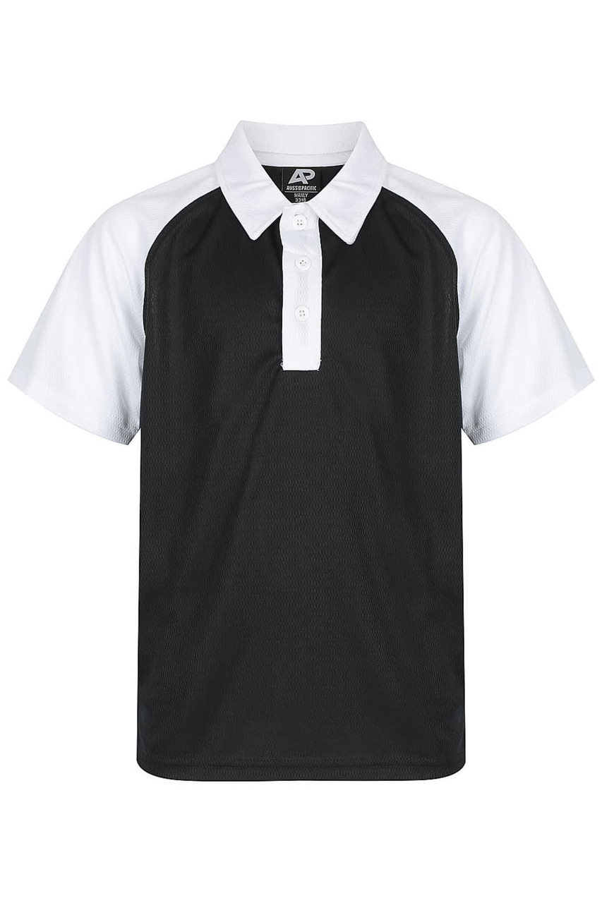 A black and white polo shirt with a collared neckline and short sleeves. Features a logo on the label.