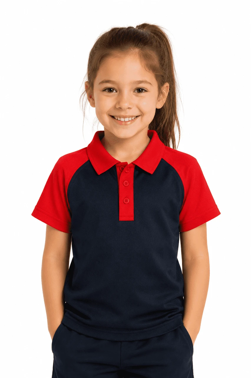 A girl smiles while wearing a navy blue and red polo shirt. The shirt features a logo on the front.
