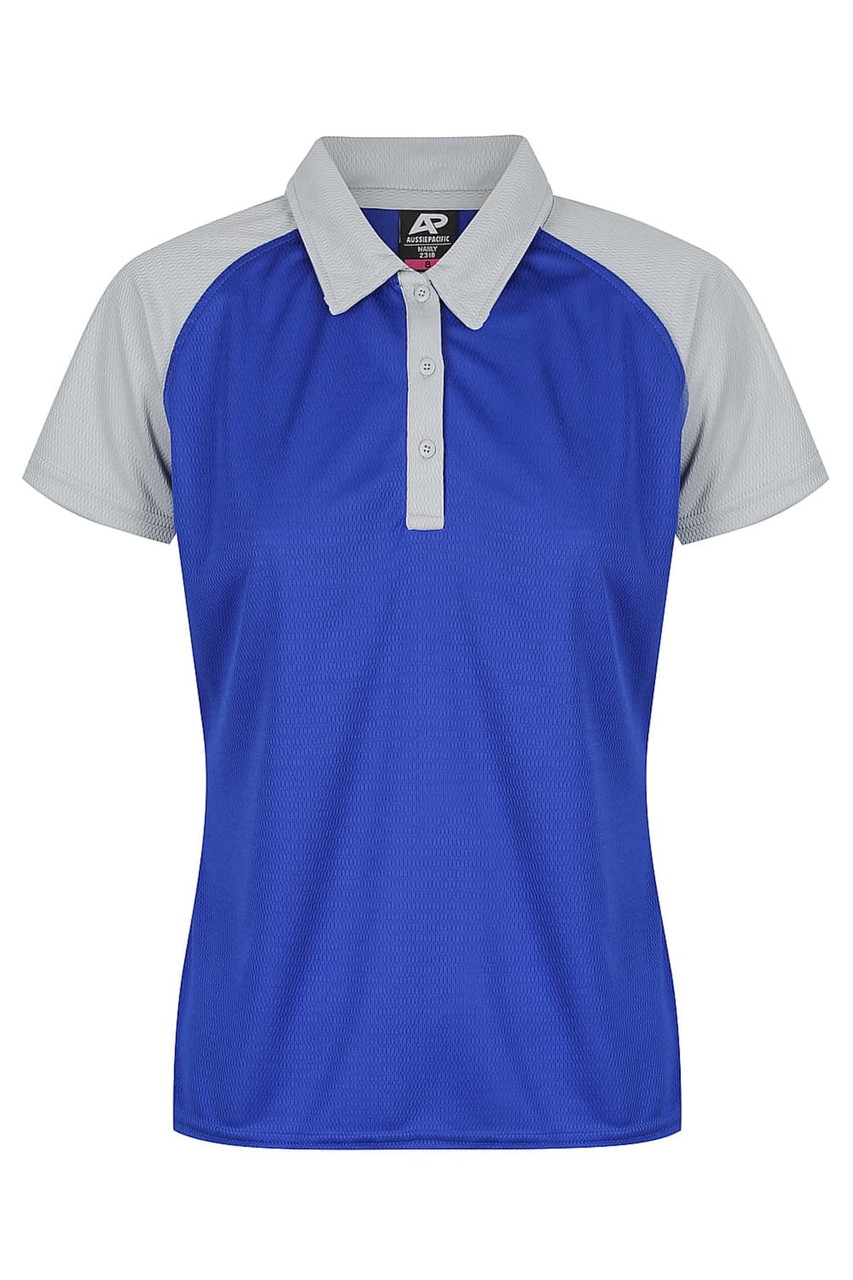 A blue polo shirt with grey accents and a collar, featuring a logo on the chest.