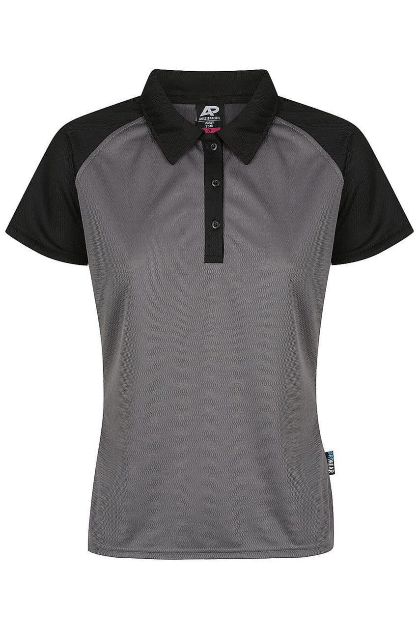 A black and grey polo shirt featuring a collar and button placket, suitable for casual wear. It includes a branding logo.