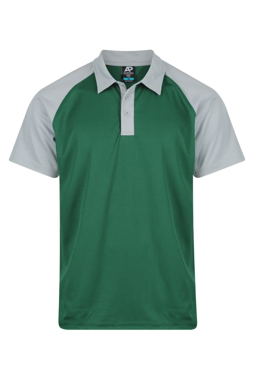 A green and grey polo shirt with a logo on the front, featuring short sleeves and a collar.