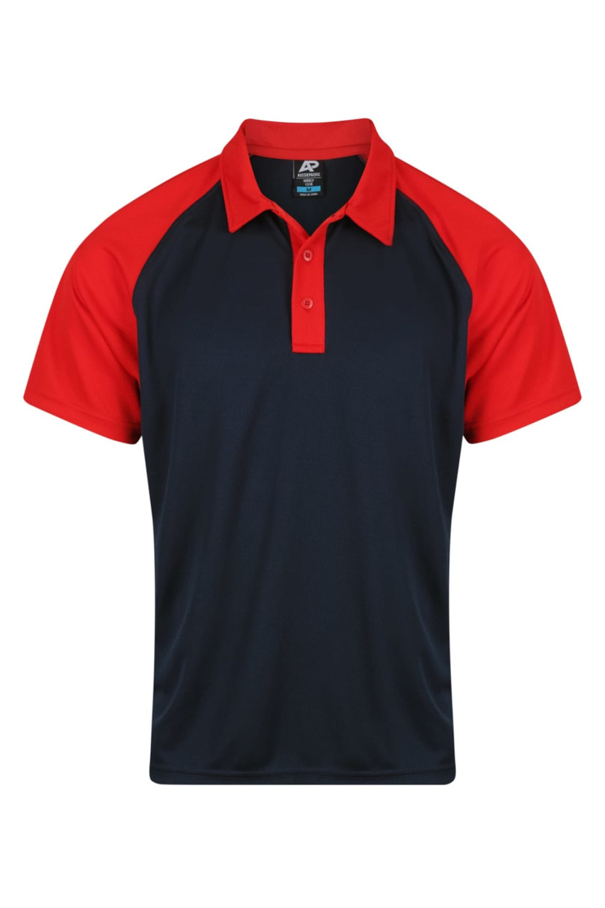 A navy and red polo shirt featuring a collar and short sleeves, with a logo on the upper neck area.