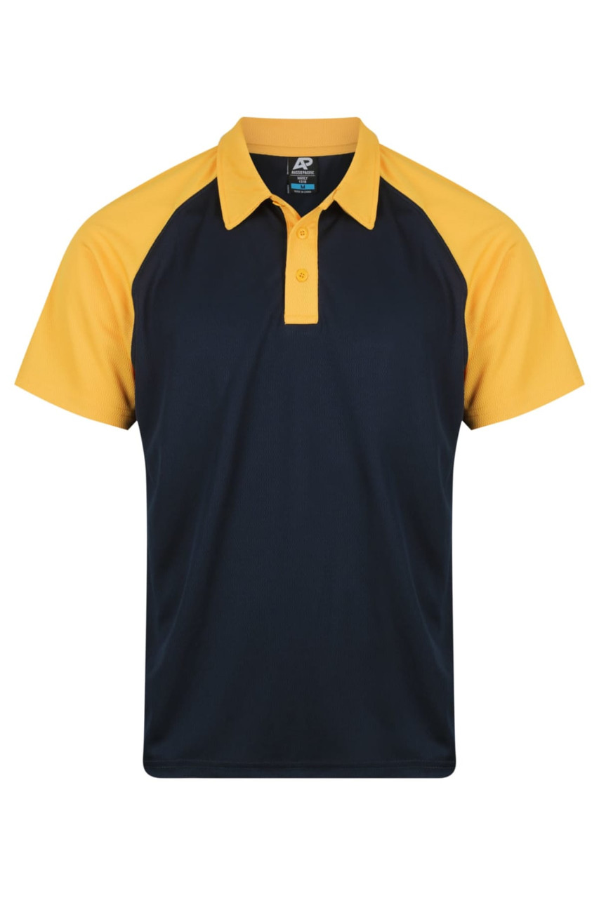A navy and yellow polo shirt with a collar and short sleeves, featuring a logo on the chest.