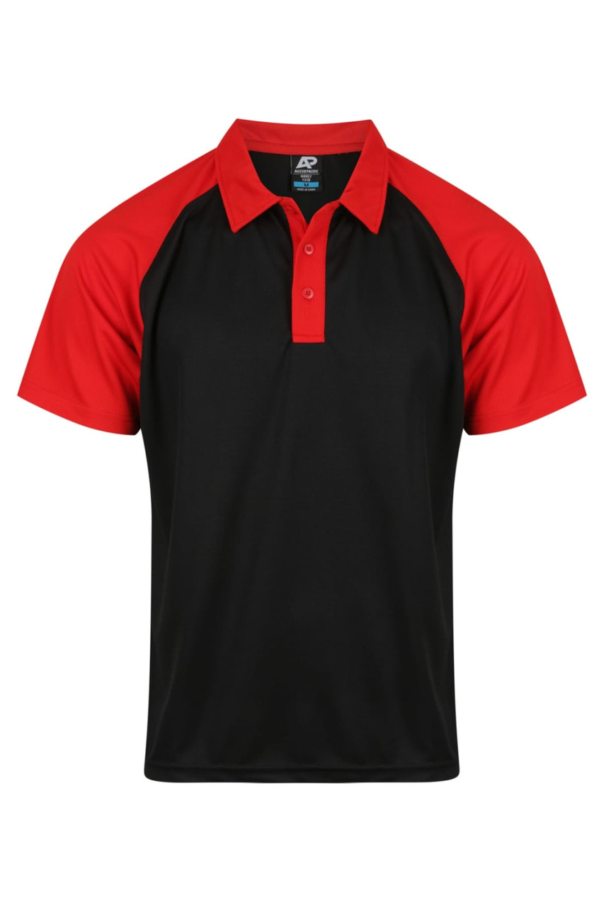 A black polo shirt with red raglan sleeves and a brand logo on the left side.