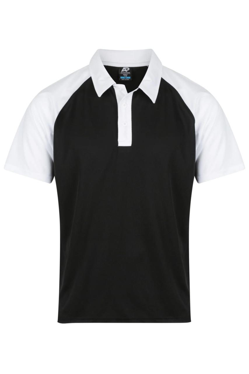 A black polo shirt featuring white raglan sleeves and a collar with buttons. It has a logo on the chest.