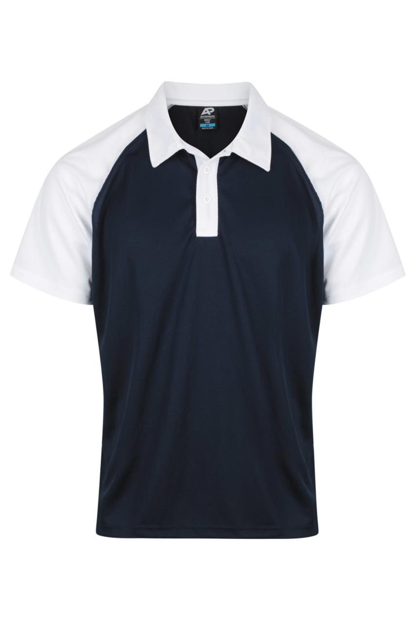 A navy and white polo shirt with a collar and logo, featuring a raglan sleeve design.